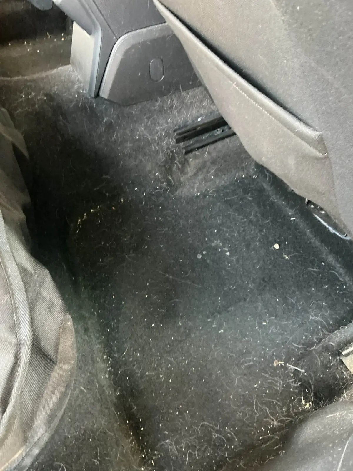 Car rear footwell carpet covered in pet hair, dust and grit